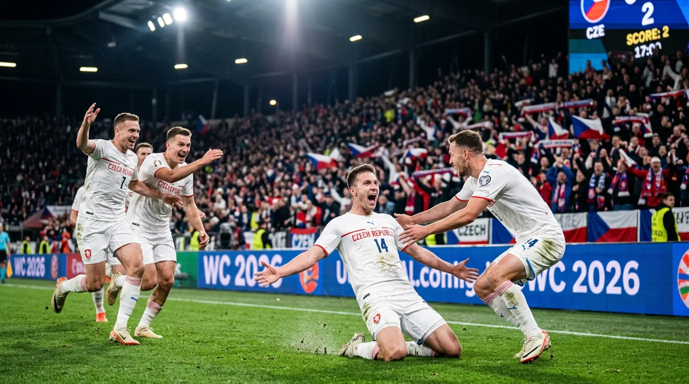 Fotbalisté v bílých dresech slaví gól na velkém stadionu během mezinárodního turnaje