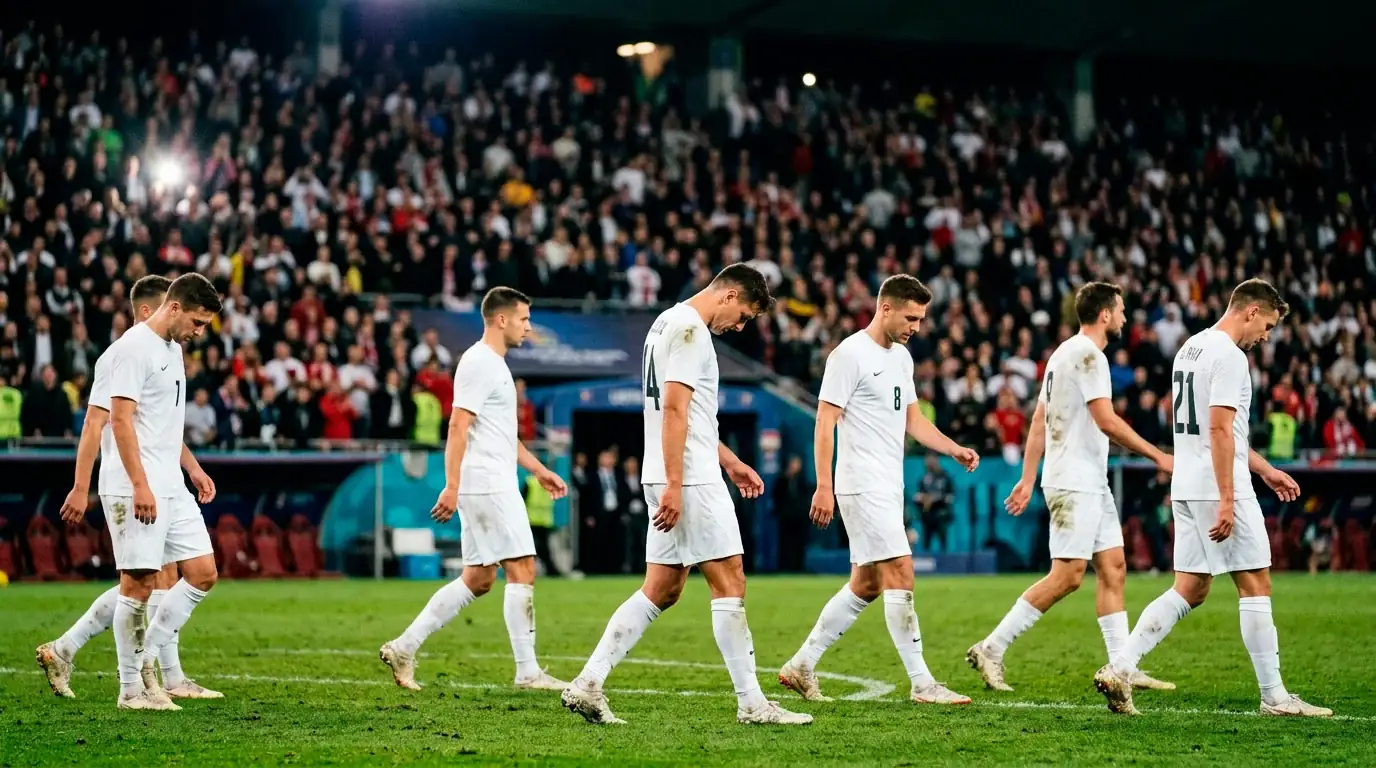 Smutní fotbalisté v bílých dresech opouštějí hřiště po vyřazení na MS 2026