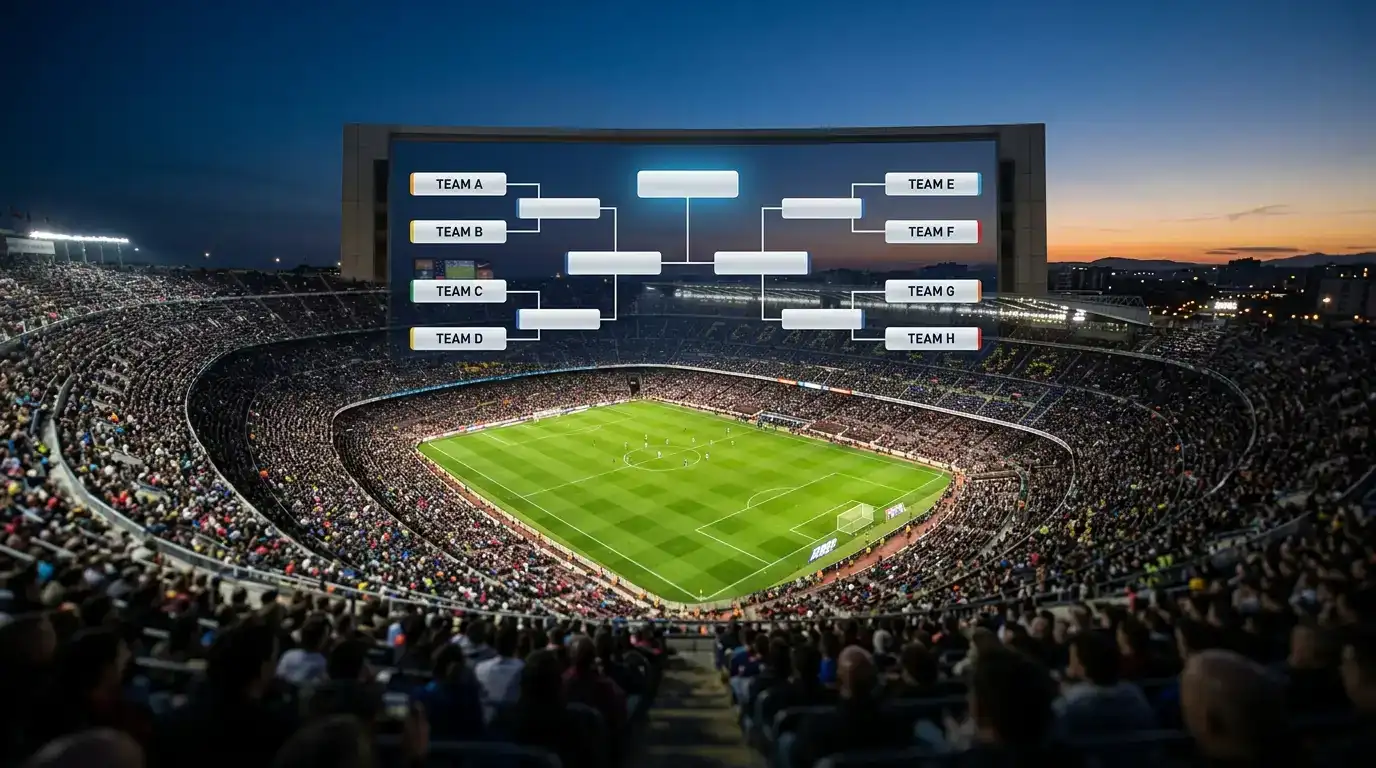 Přehledový záběr na velký stadion za soumraku, čtyři různé vlajky na stožárech, plné tribuny