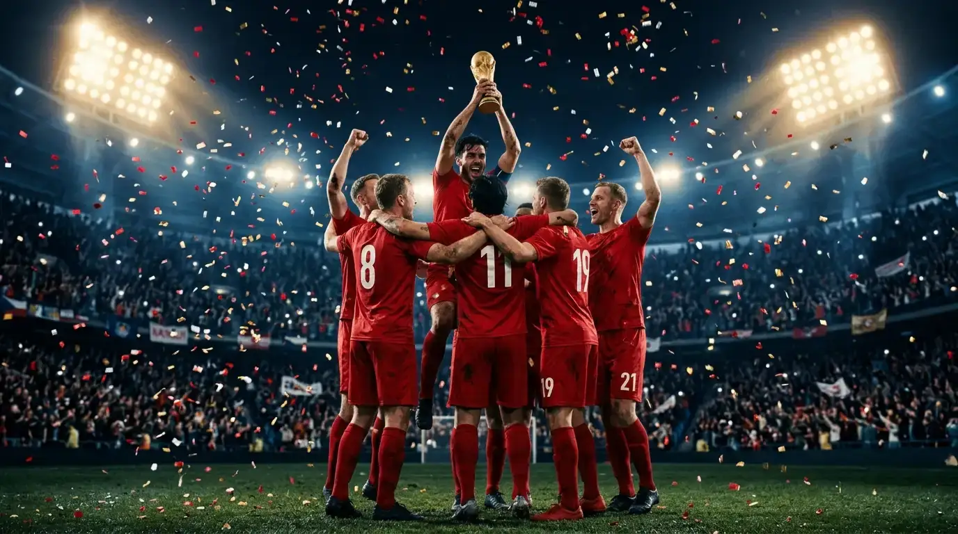 Fotbalisté v červených dresech slaví titul mistrů světa pod světly stadionu