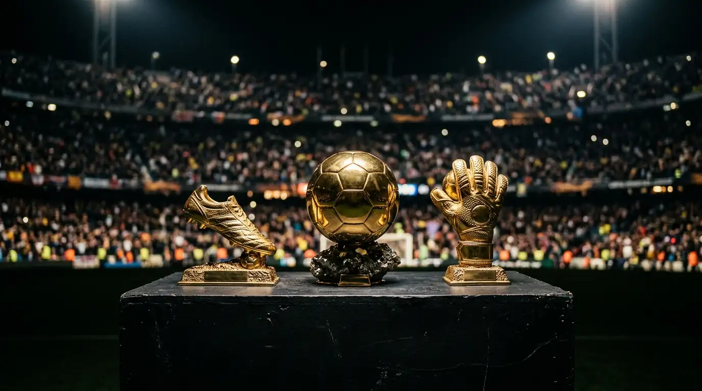 Individuální fotbalové trofeje nasvícené reflektory v setmělé aréně