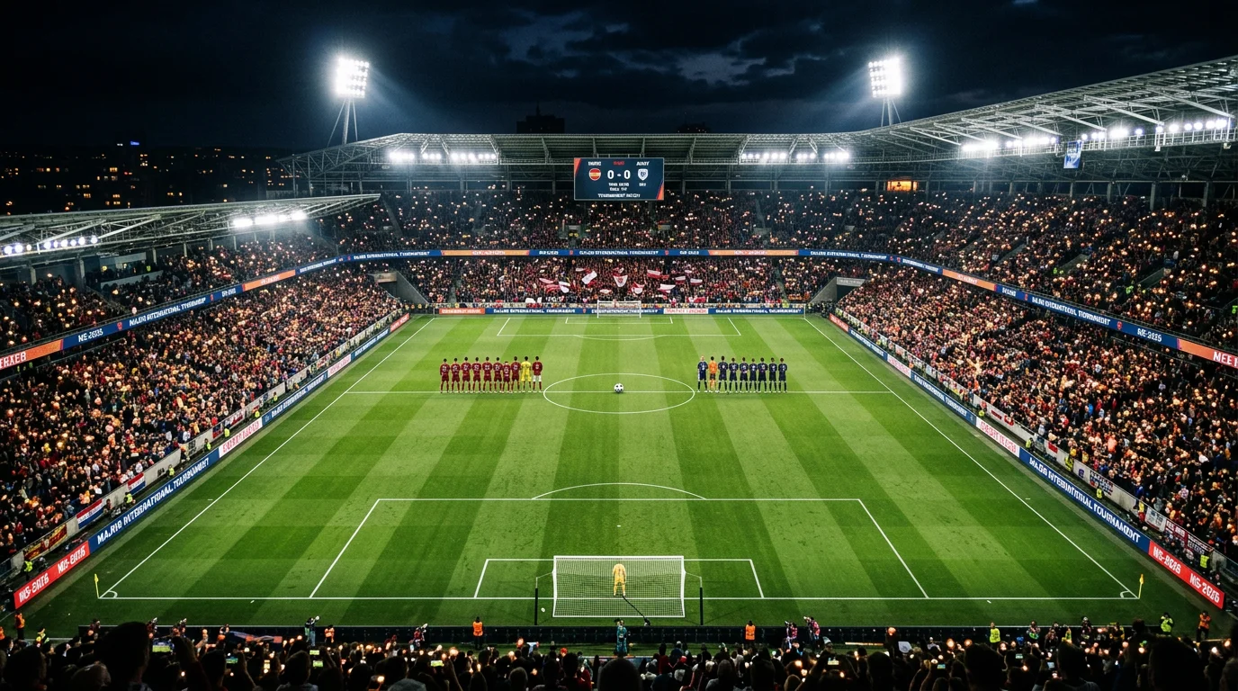 Fotbalové hřiště připravené na zápas mistrovství světa 2026 s pohledem na plné tribuny a zelený trávník