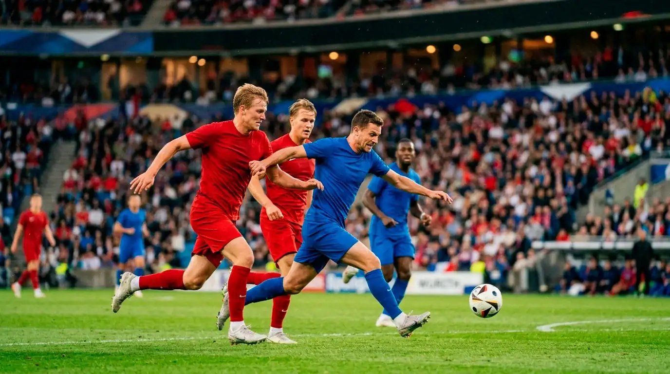 Fotbalisté Francie v modrých dresech a Norska v červených během večerního zápasu MS 2026 na moderním stadionu