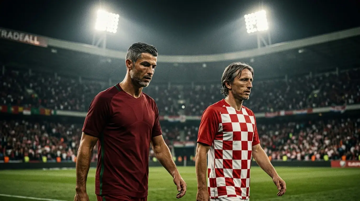 Dva starší fotbalisté v různobarevných dresech si podávají ruku před nočním zápasem na moderním stadionu