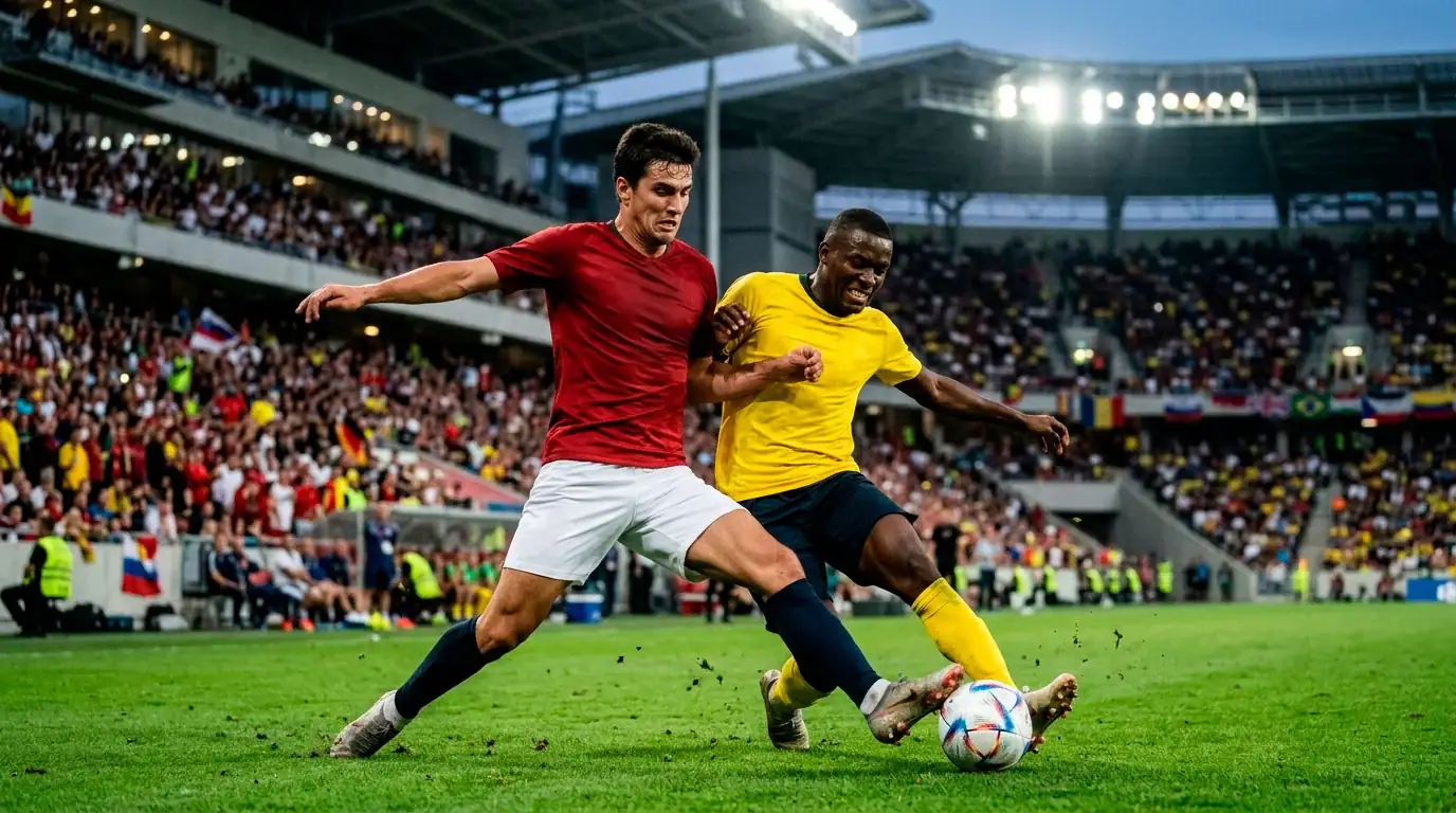 Fotbalisté ve žlutých a červených dresech bojují o míč během zápasu MS 2026