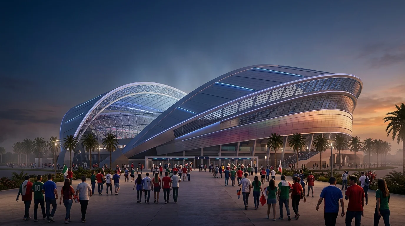 Moderní fotbalový stadion s uzavíratelnou střechou a osvětleným trávníkem při západu slunce