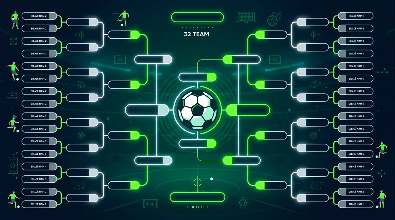 Grafické znázornění pavouka vyřazovací fáze MS 2026 s fotbalovým míčem
